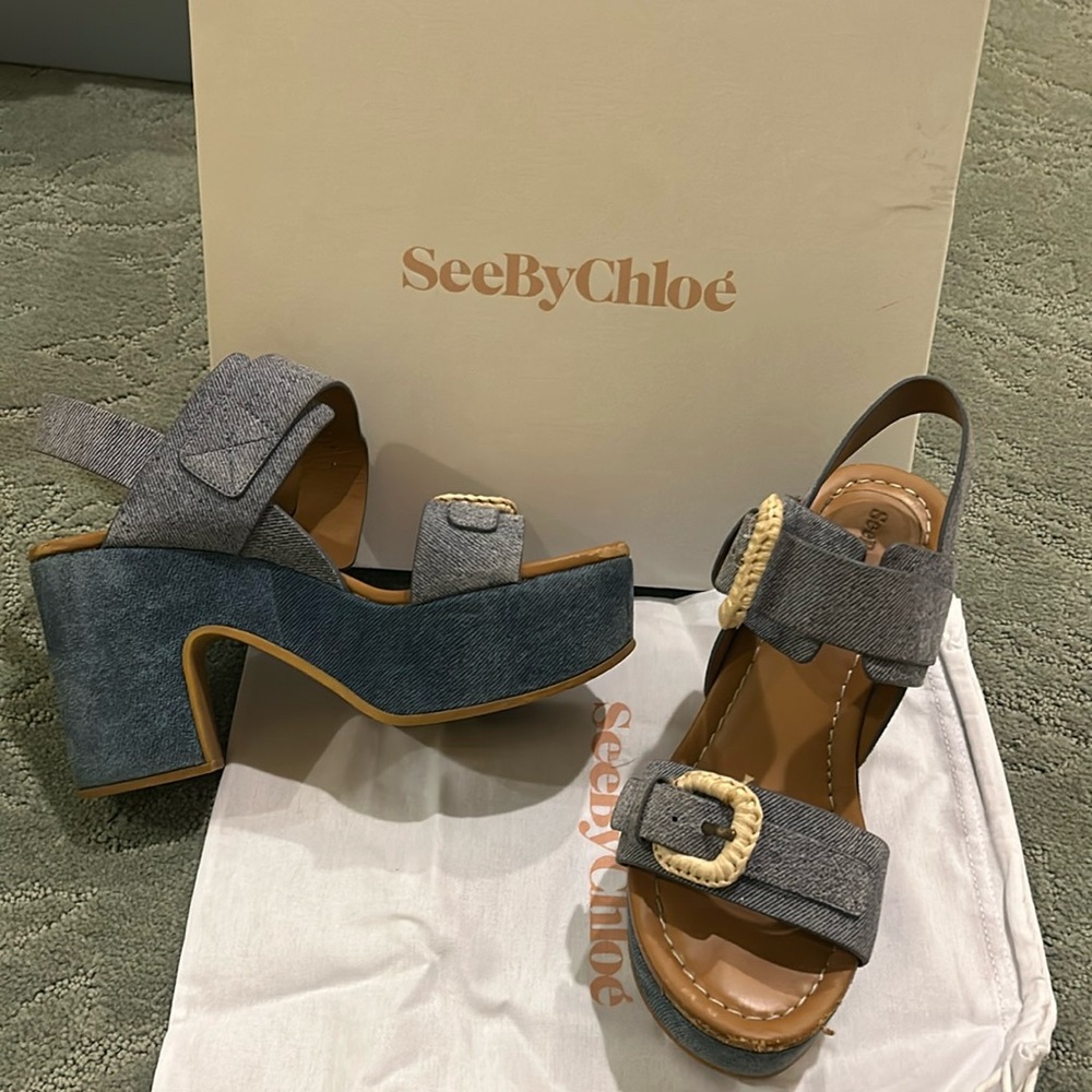 See by Chloe leather embossed blue jeans effect clog sandals size 7 denim